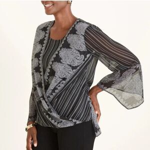 Chico's, Black Batik Stripe Paisley Surplice Faux Wrap Blouse Top, Size XLp